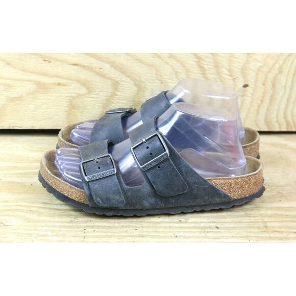 Birkenstock Sandals Womens 7 Black Gray Faded Leather Arizona 2 Buckle 38 Slide - Picture 1 of 7